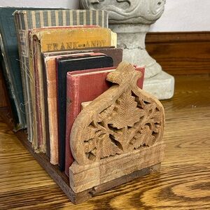 Vintage Old Ornate Carved Adjustable Sliding Book Stand Bookend India